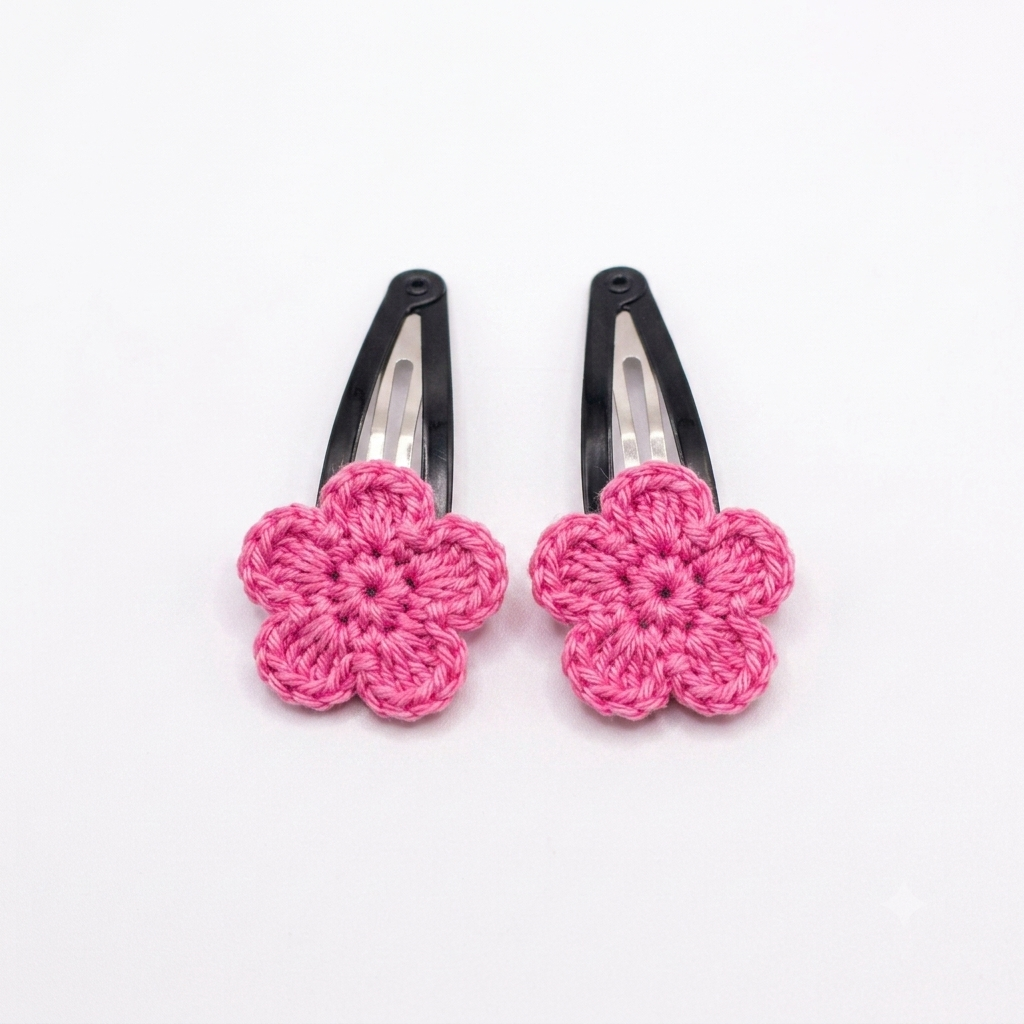 Lovely Pink Flower Crochet Hair Clips