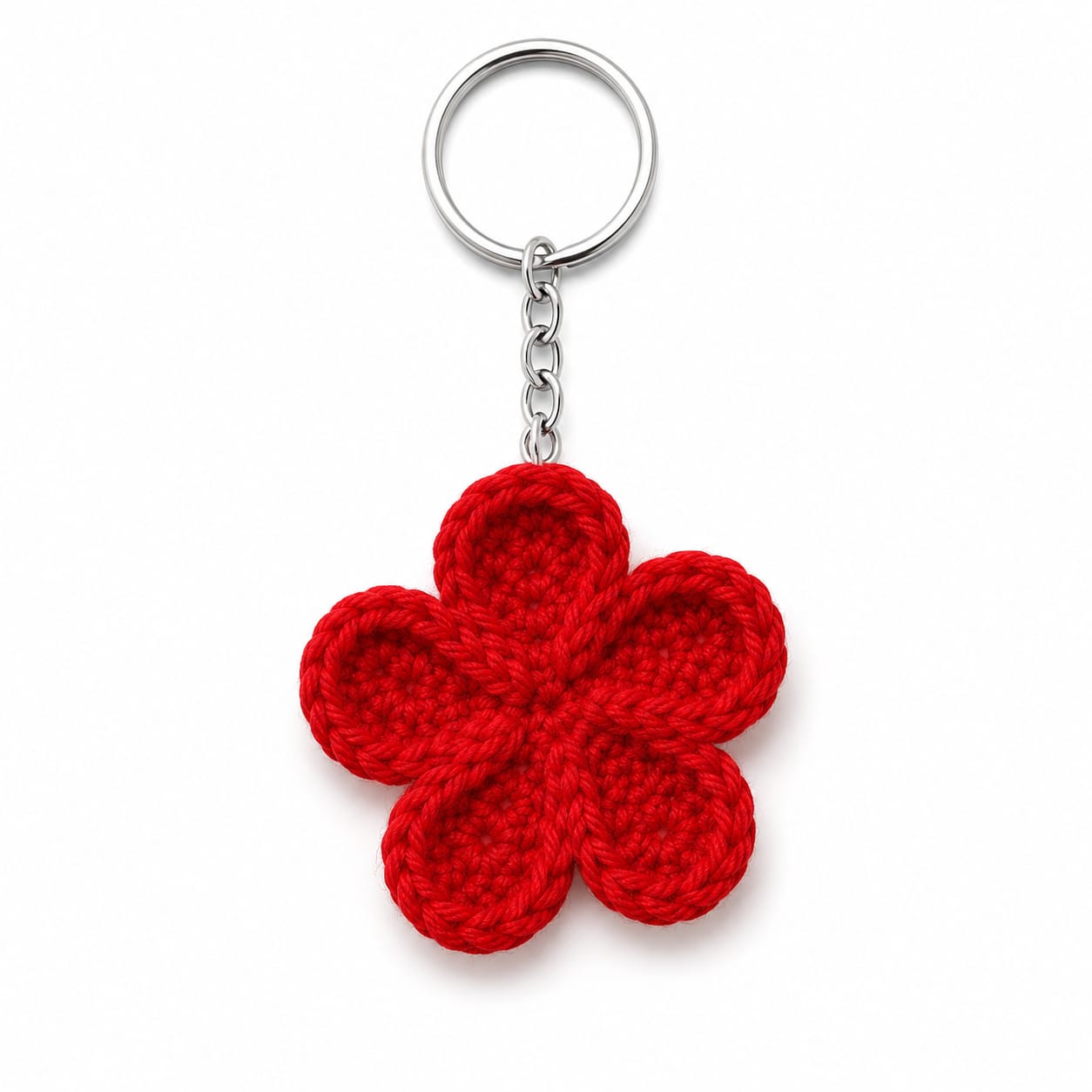 Five-Petal Red Crochet Flower Keychain